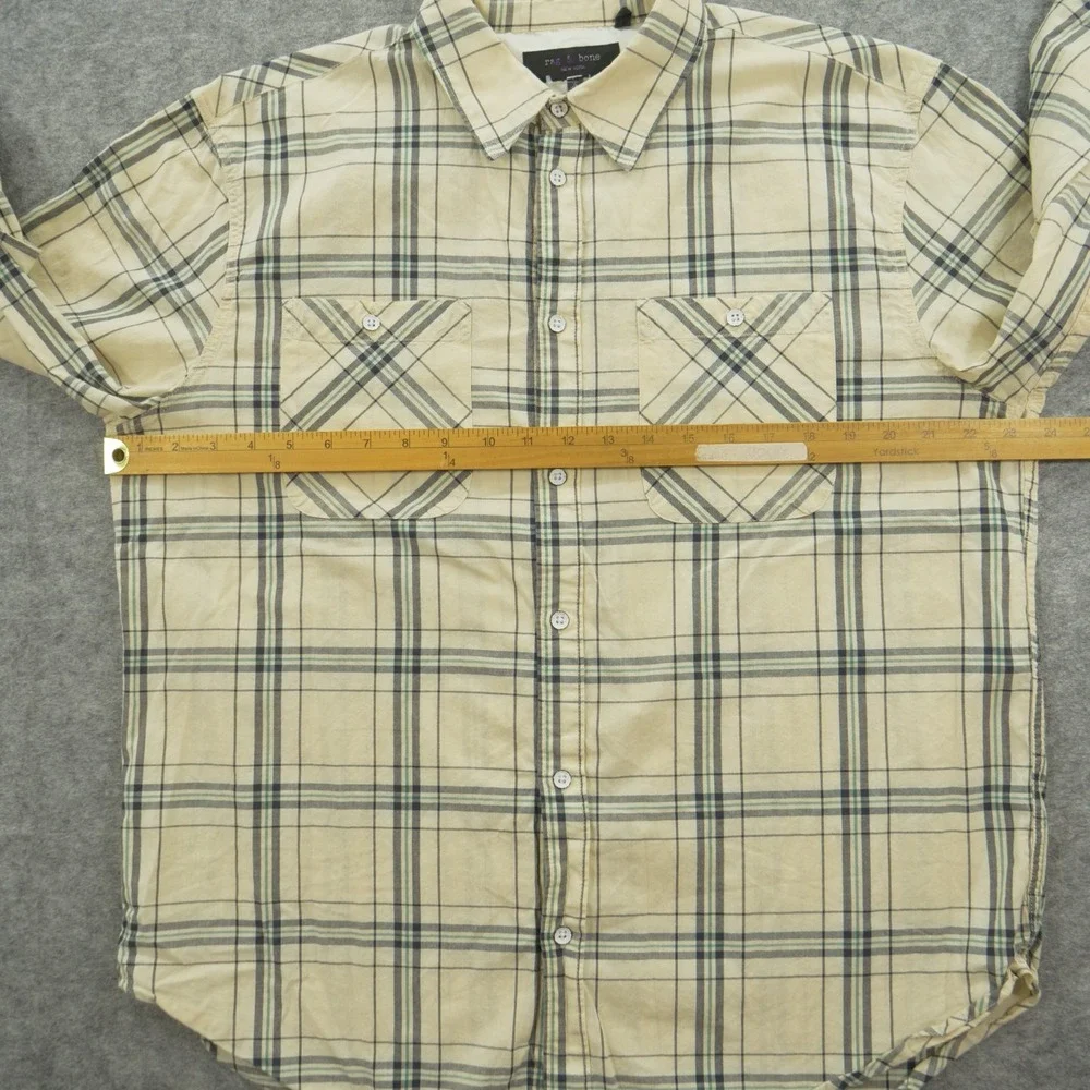 Rag & Bone Shirt Mens Extra Large Beige Button Up Plaid Long Sleeve Classic